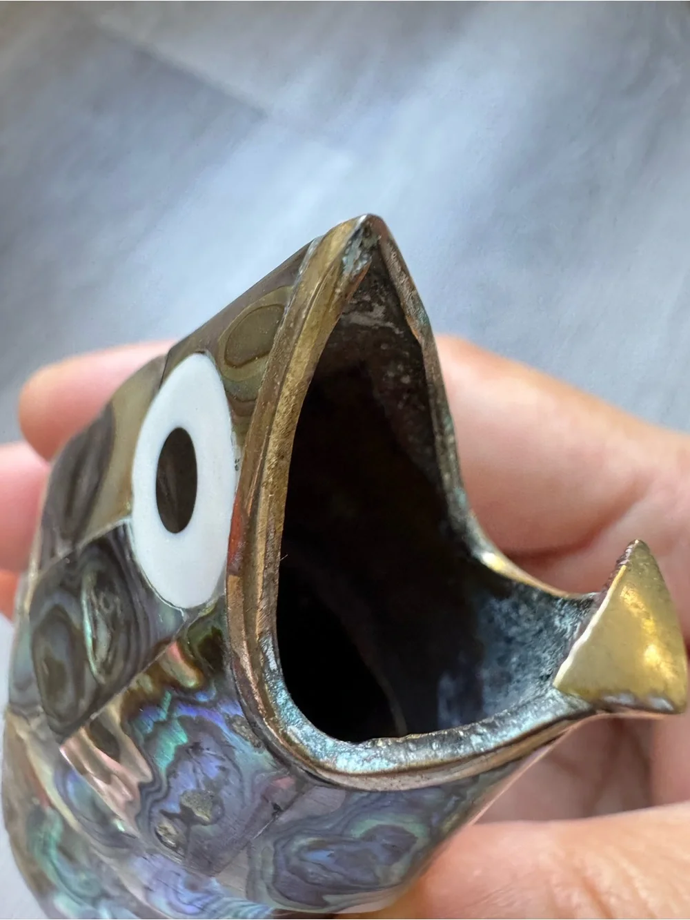 Vintage Articulated Abalone Fish bottle open Mexican silver